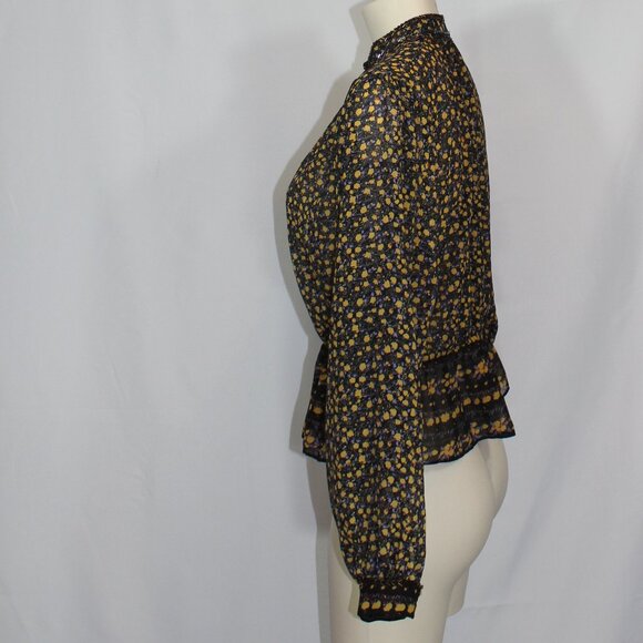 Free People Women's  Floral Beaded Embellished Peplum Blouse Black Yellow XS/TP - Picture 4 of 8
